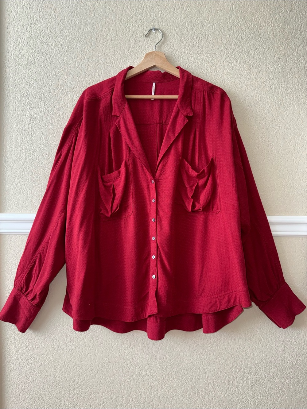 Free People Erin's Jacquard Oversize Button Front Top Cherry Red Large